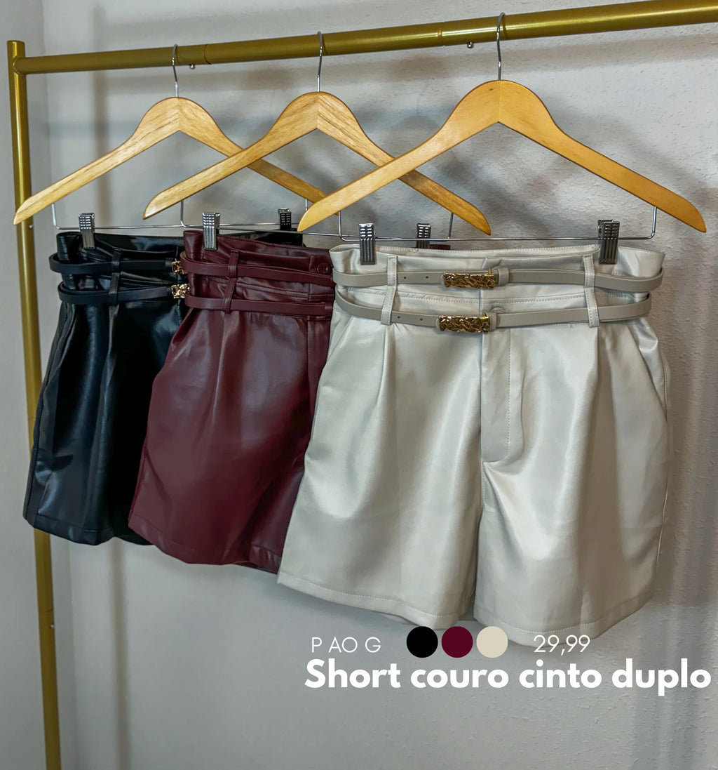 Short couro cinto duplo