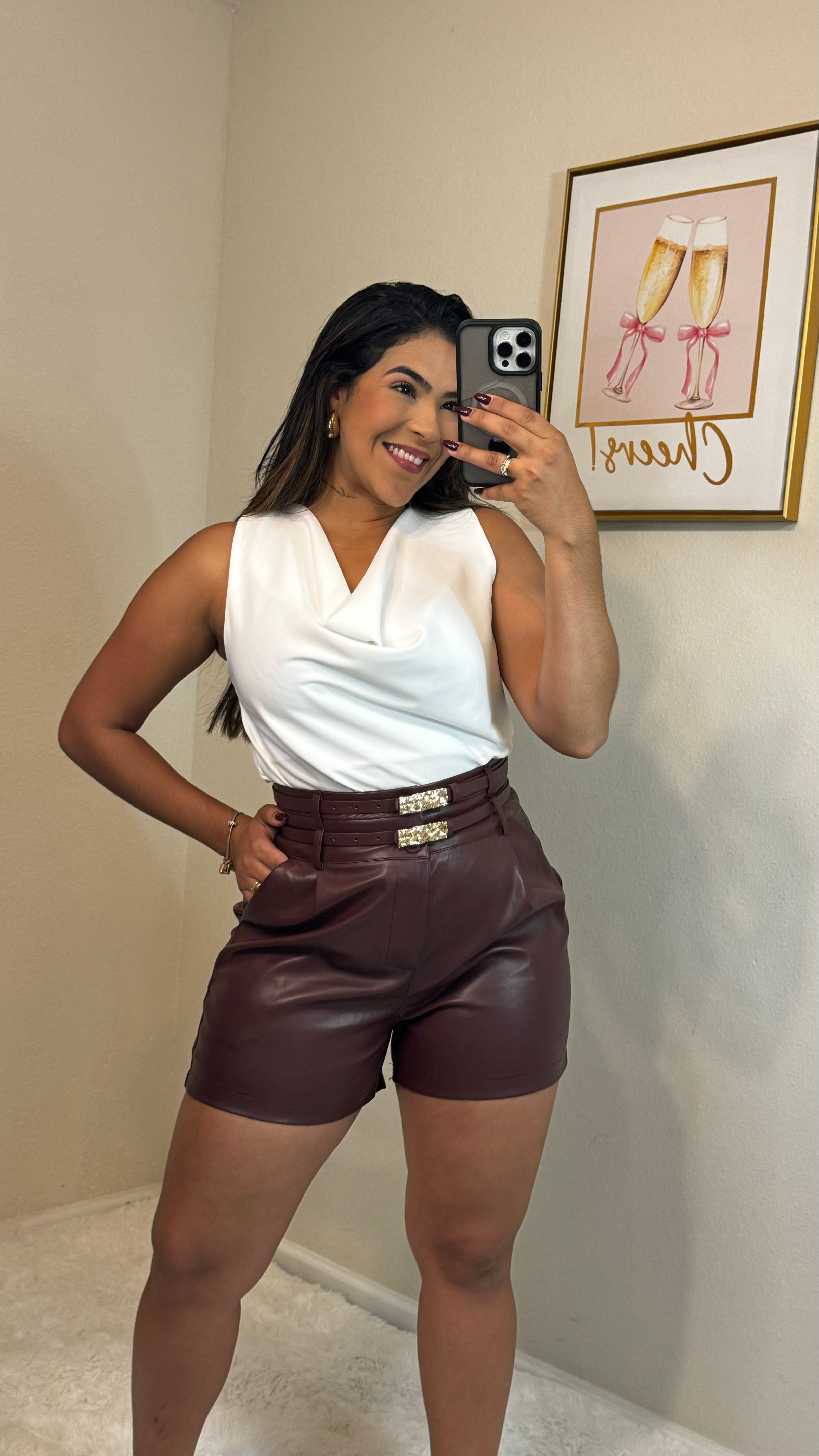 Short couro cinto duplo