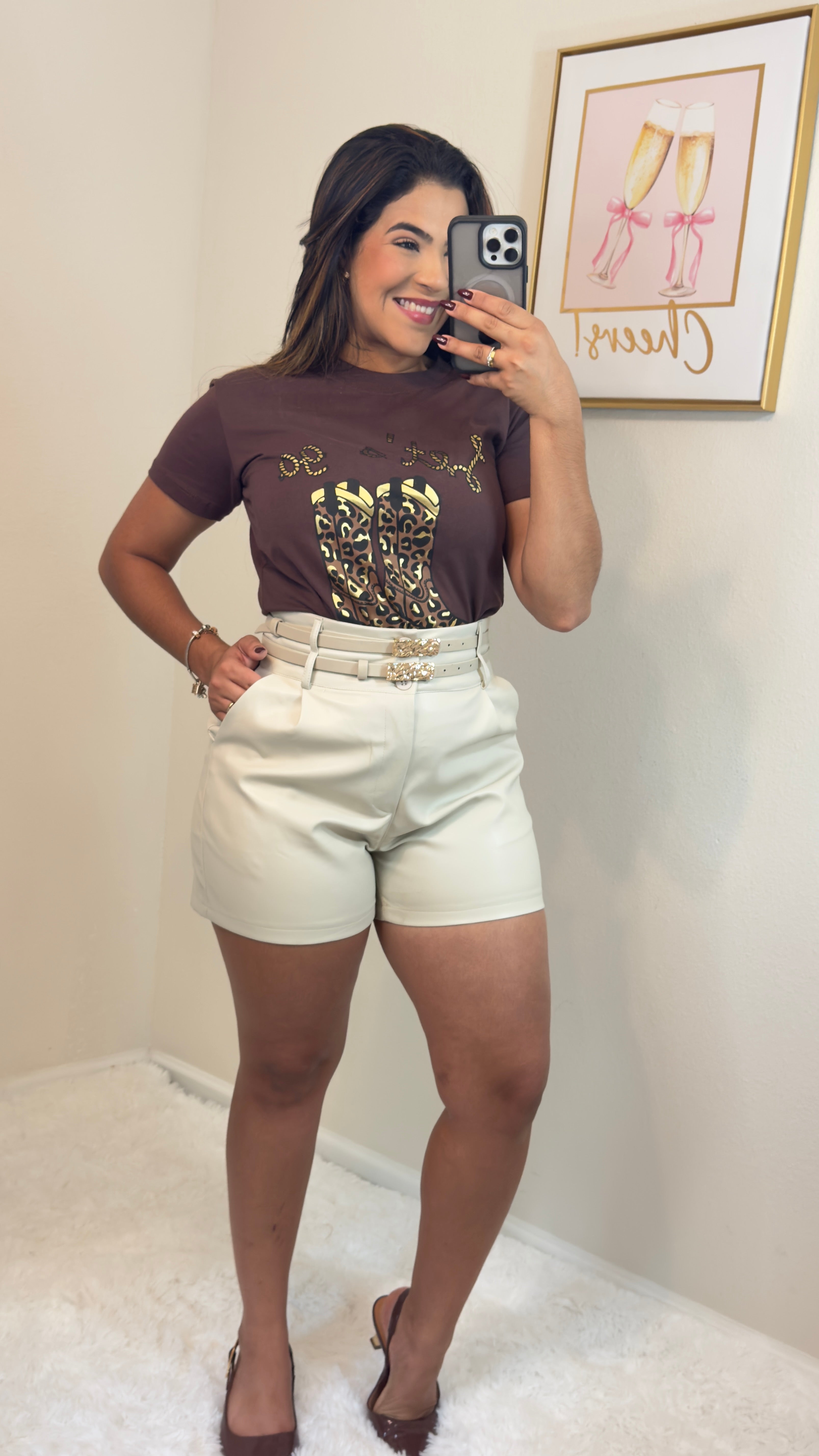 Short couro cinto duplo
